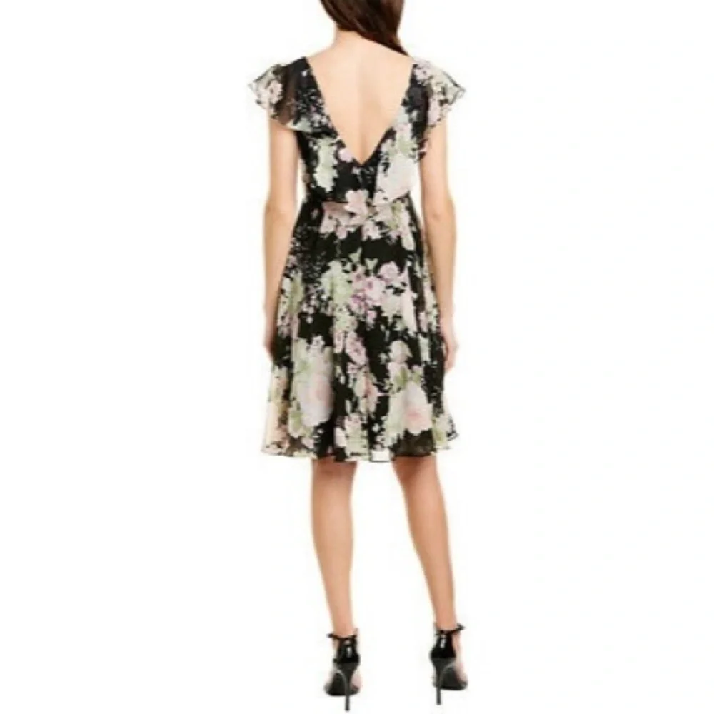 AFTER Six Floral Garden Chiffon Ruffle V-Neck Dress